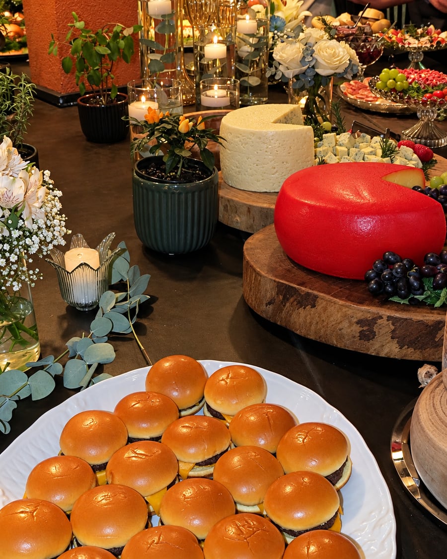 Mesa de evento com mini hambúrgueres, queijos e arranjos de flores
