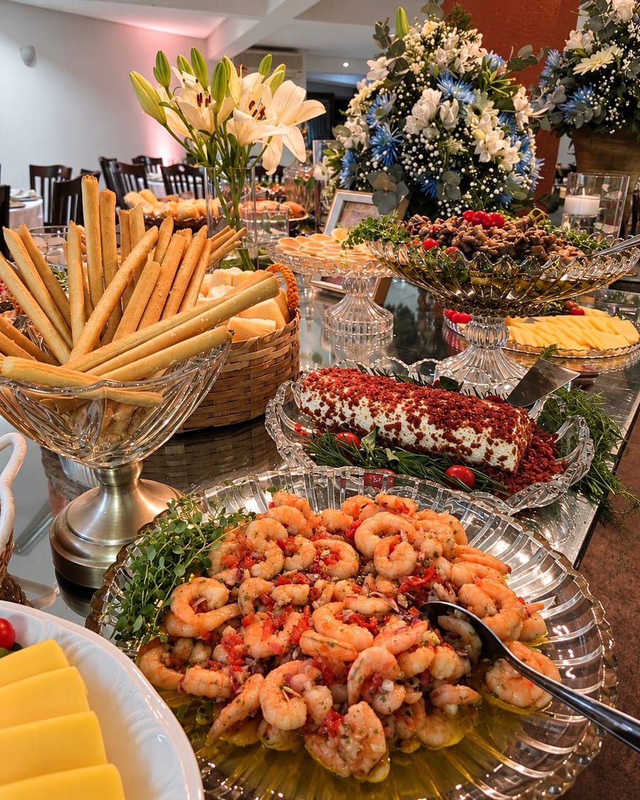 Mesa de evento com camarão, pães e arranjos, montada no Espaço Cantina