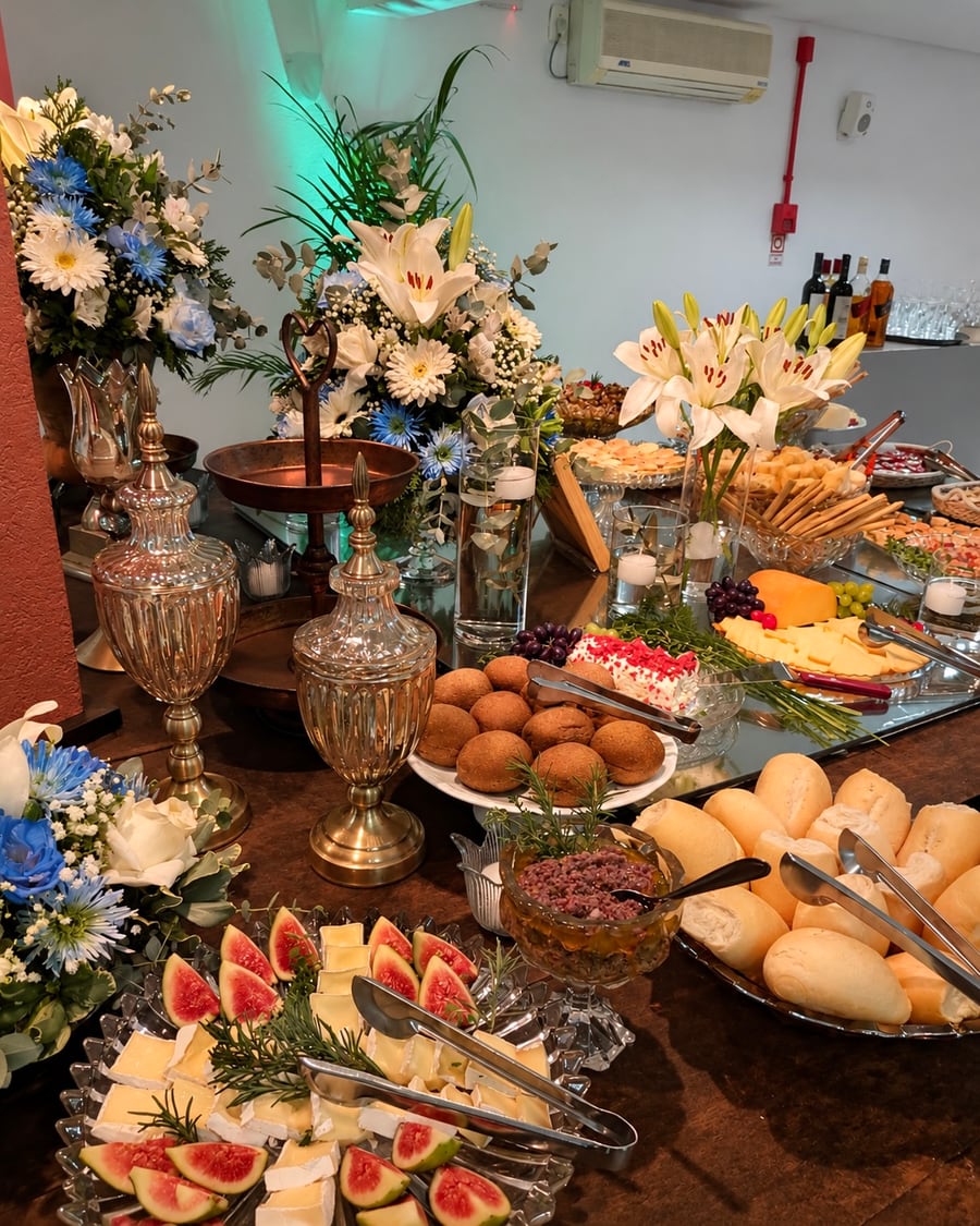 Buffet de evento com flores, queijos e salgados